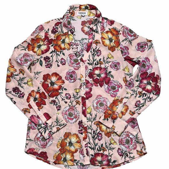 Express Floral Portofino Blouse MEDIUM Slim Fit Long Sleeve V Neck Red Pink Top - Picture 3 of 8